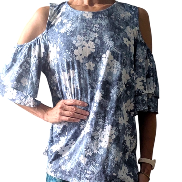 MICHAEL Michael Kors Blue Floral Cotton Cold Shoulder Short Sleeve Top Women's M - Picture 7 of 15